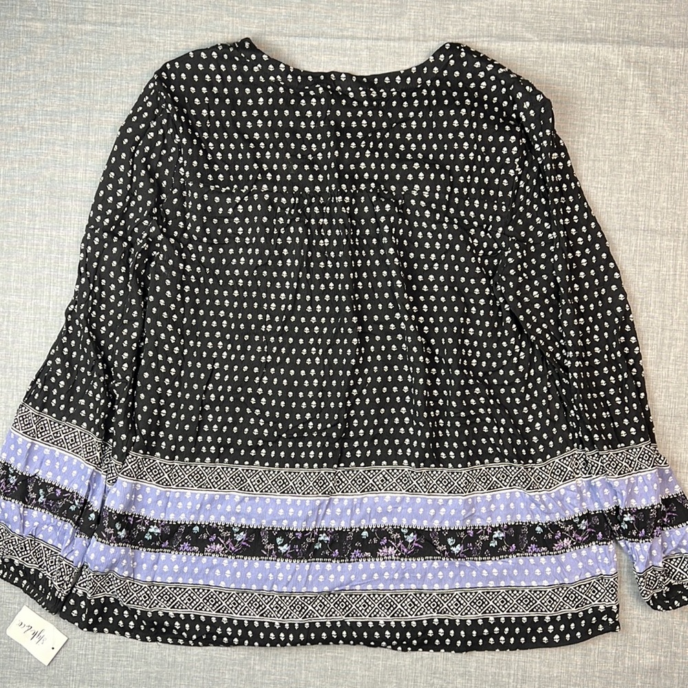 Style & Co Black & Purple Printed LaceUp V-Neck Peasant Top Size Large - Picture 5 of 5
